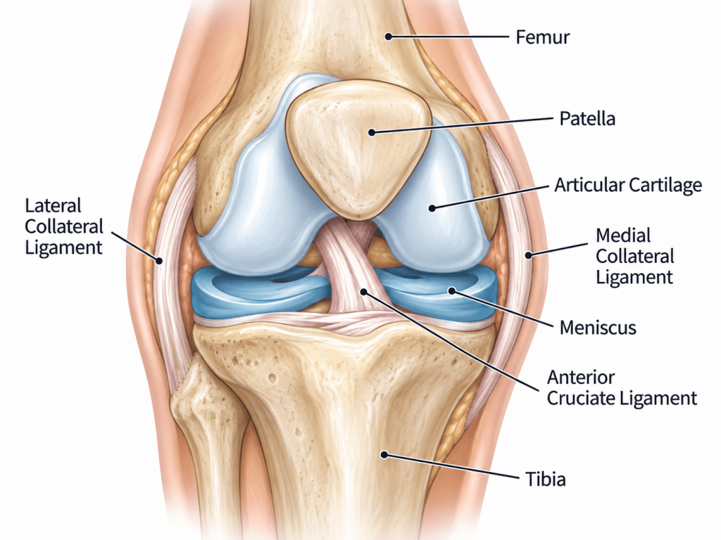 Anatomy of a healthy human knee joint showing the femur, patella, meniscus, articular cartilage, and ligaments before knee replacement surgery.