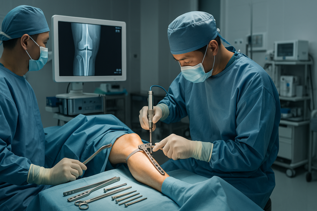 Vietnamese orthopedic surgeons performing knee osteotomy with precise bone realignment and fixation plates in a modern operating room