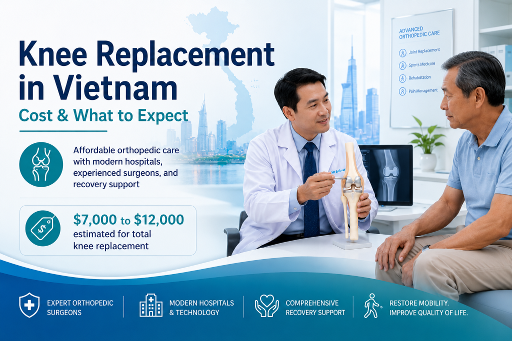 Knee replacement in Vietnam consultation with orthopedic surgeon explaining knee implant, cost and recovery options for international patients