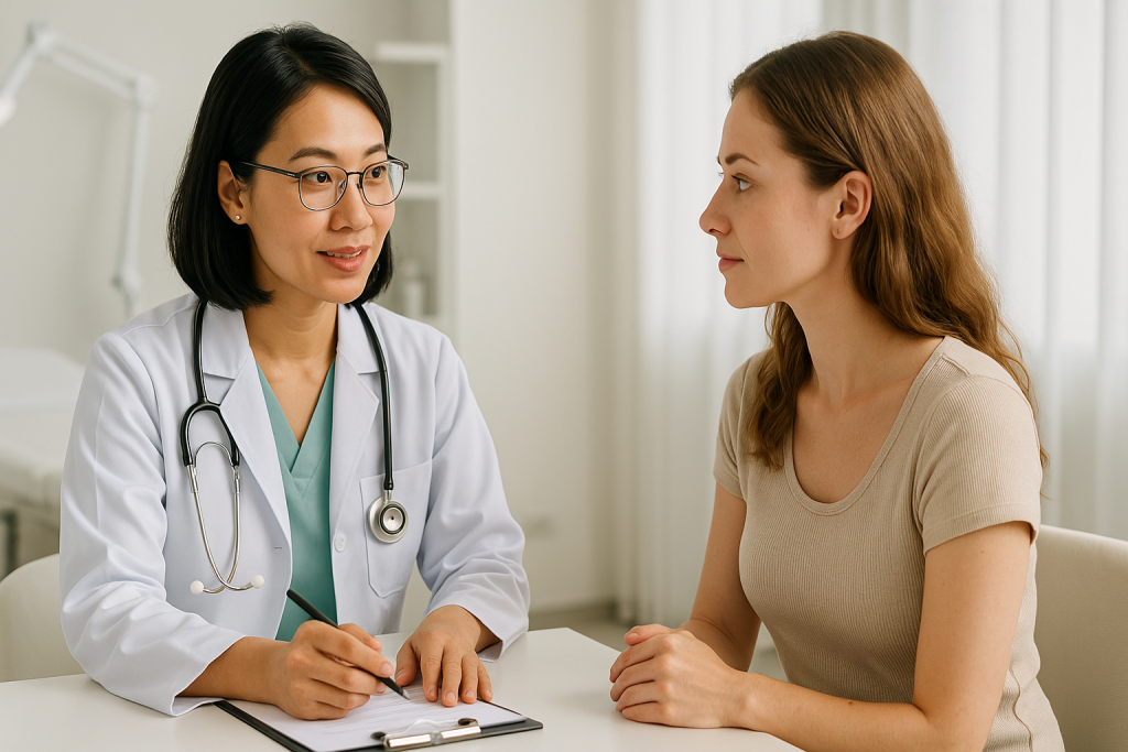 Vietnamese aesthetic doctor explaining a thread lift procedure to a European female patient using a clear facial model in a modern, bright clinic.