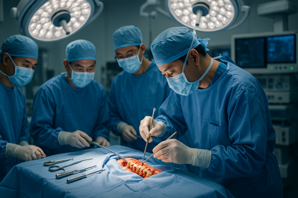 Vietnamese surgical team performing a laminectomy in a modern operating room, using advanced spine surgery instruments under bright surgical lights.