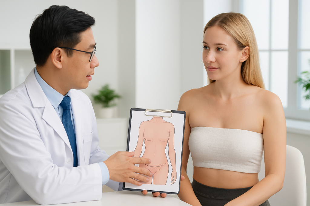 A Vietnamese cosmetic surgeon consulting with a female international patient before a liposuction procedure in a modern clinic.