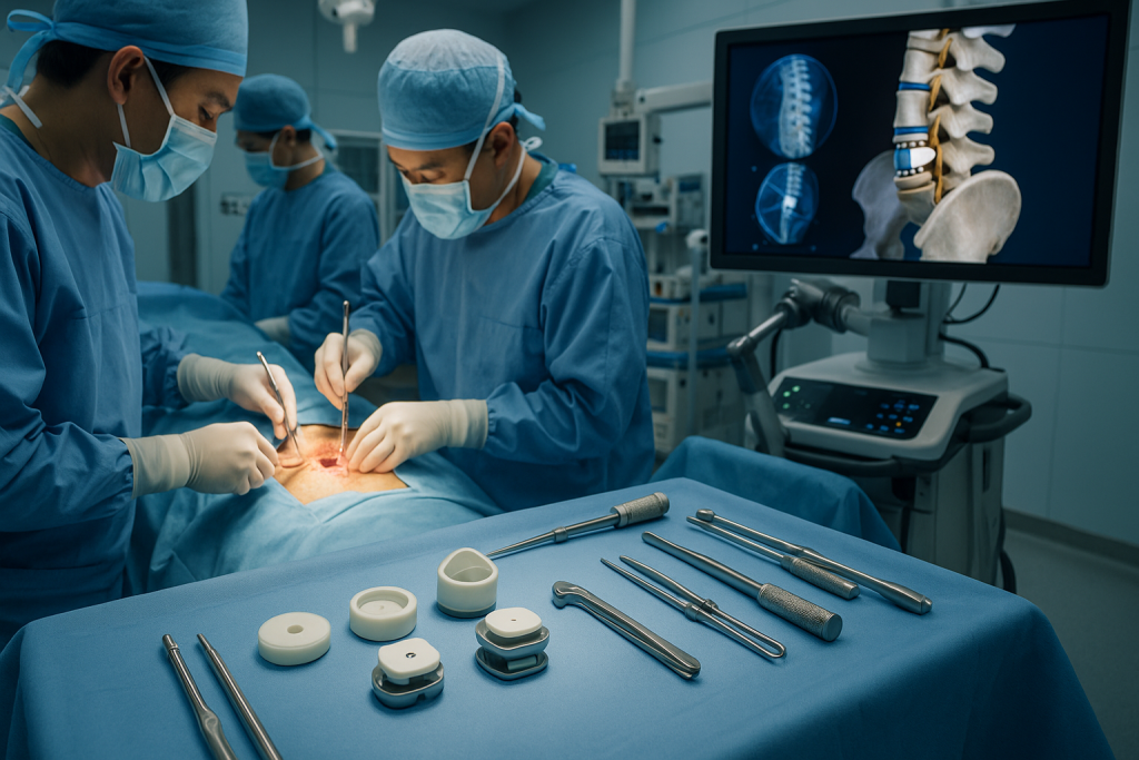 Vietnamese spine surgeons performing lumbar disc replacement using artificial disc implants and advanced surgical navigation in a modern operating room