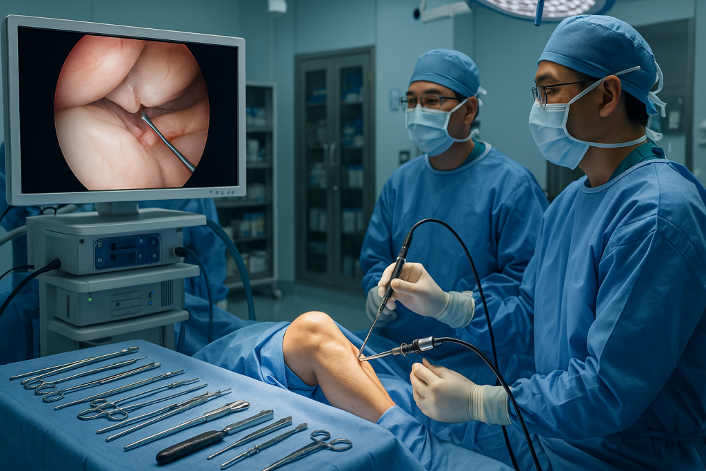 Vietnamese orthopedic surgeons performing minimally invasive meniscus repair using arthroscopic technology in a modern operating room