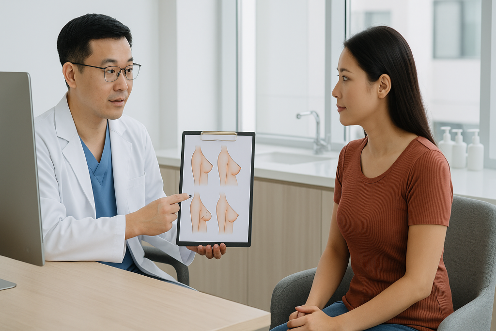 Plastic surgeon consulting with a woman about mommy makeover surgery in a modern clinic in Vietnam.