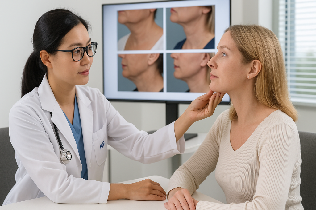 Vietnamese plastic surgeon consulting a foreign female patient about neck lift surgery in a modern, bright clinic in Vietnam.”