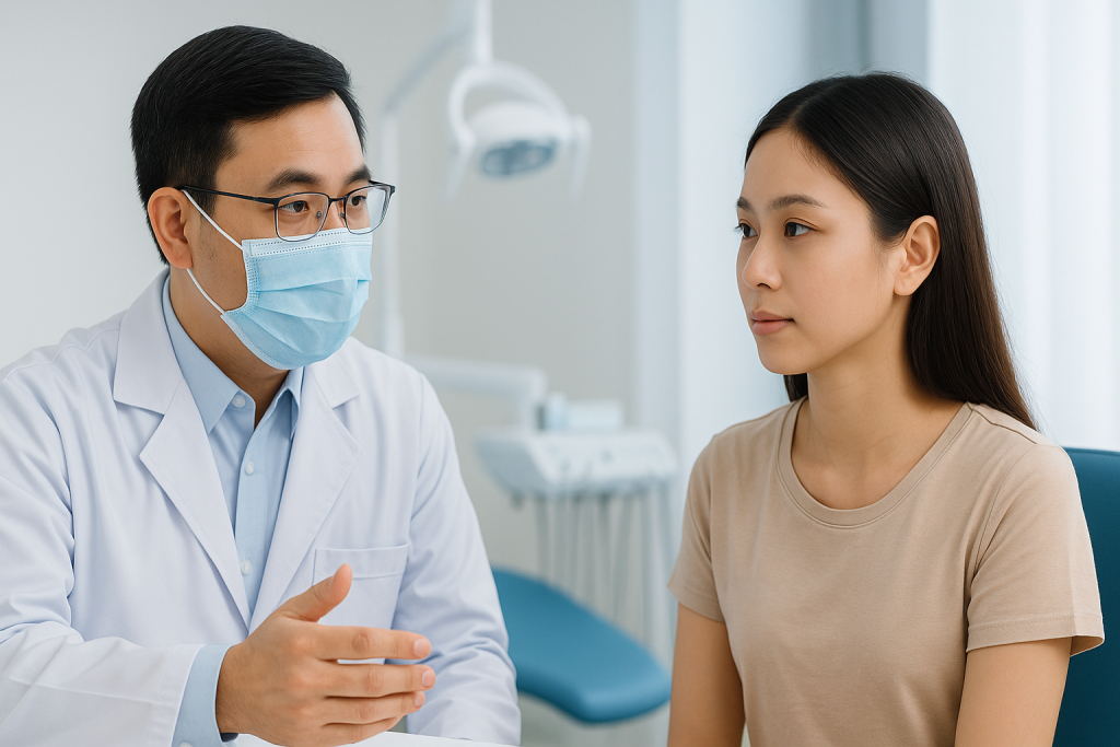 Orthognathic surgery in Vietnam – Vietnamese maxillofacial surgeon consulting a patient before corrective jaw operation.