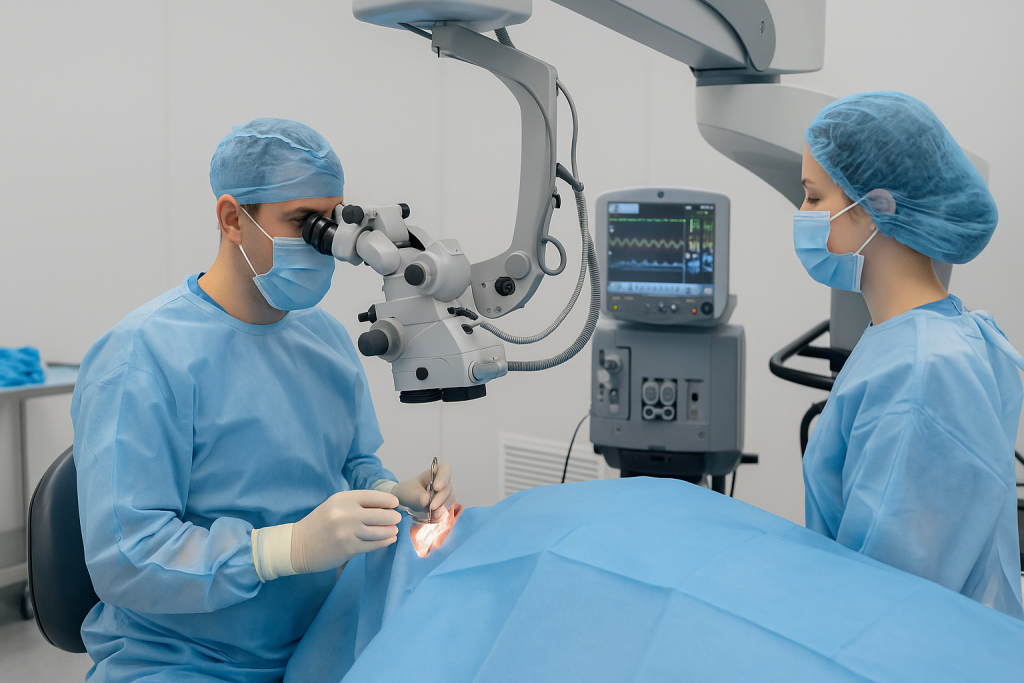 Doctor and assistant conducting Phakic IOL eye surgery in a modern operating room in Vietnam with surgical microscope and monitoring system.