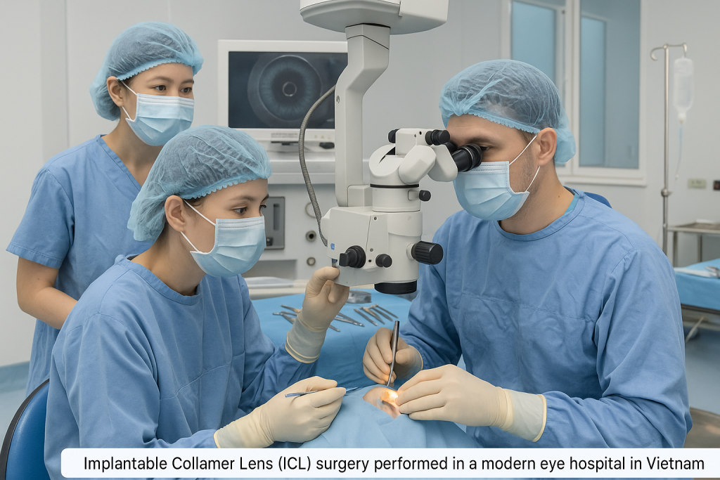 Surgeons performing PRK (Photorefractive Keratectomy) eye surgery with an excimer laser in a modern ophthalmology operating room in Vietnam