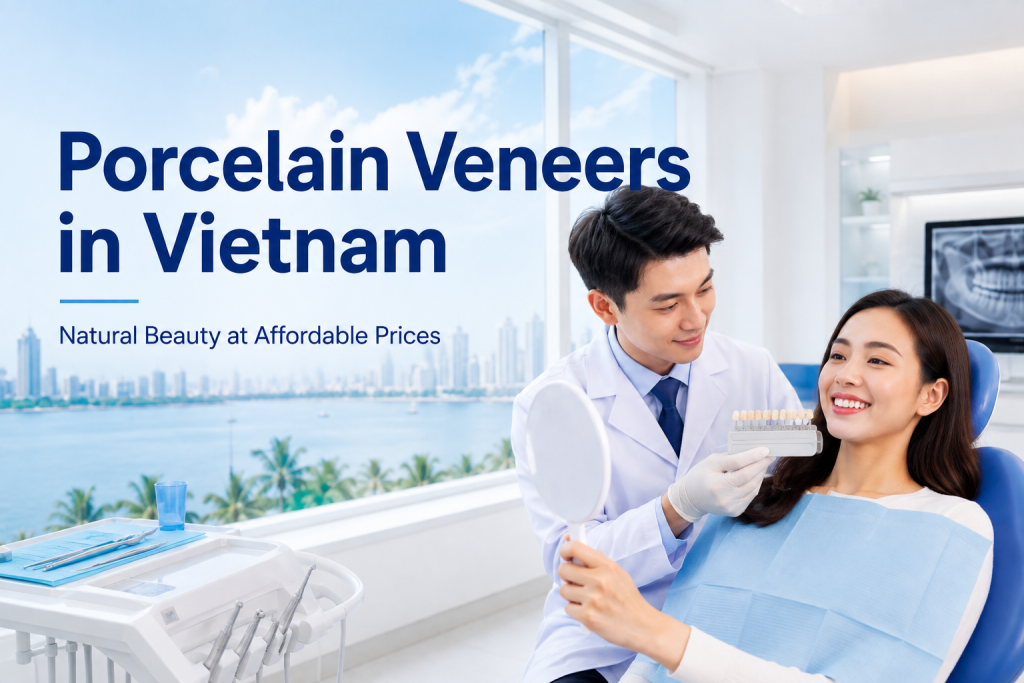 Porcelain veneers in Vietnam with a dentist matching veneer shades for a smiling patient in a modern dental clinic.