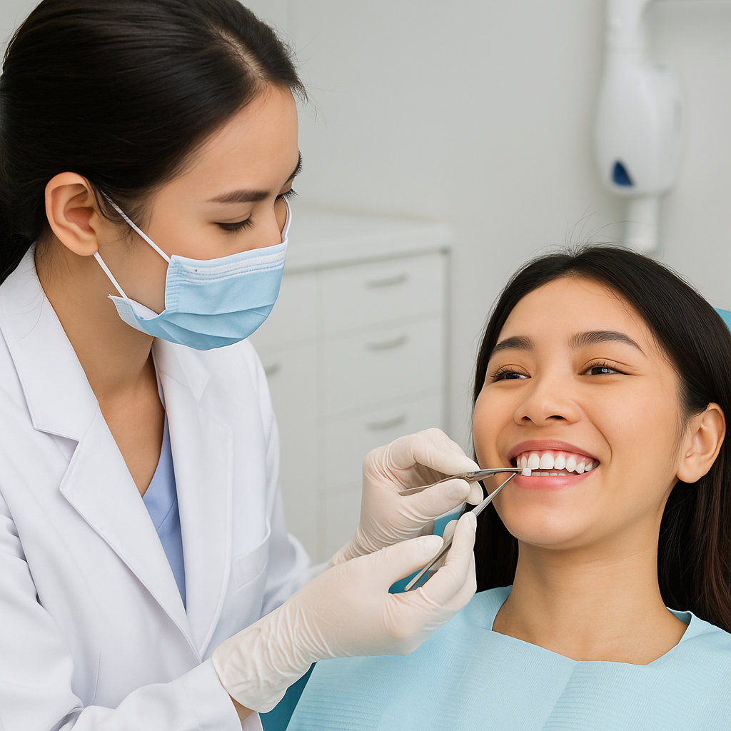Vietnamese dentist applying porcelain veneers for a smiling patient at a modern dental clinic in Vietnam