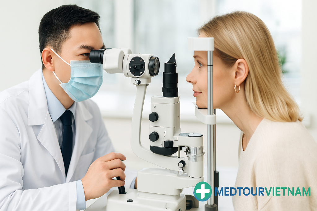 Vietnamese ophthalmologist performing a dry eye examination on an international patient using a slit lamp, with MedtourVietnam logo displayed.