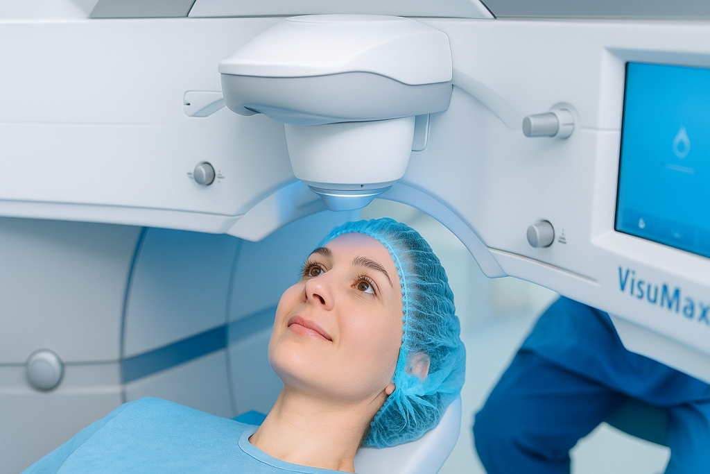 Patient lying under a VisuMax laser machine during ReLEx SMILE eye surgery in a modern ophthalmology clinic in Vietnam.