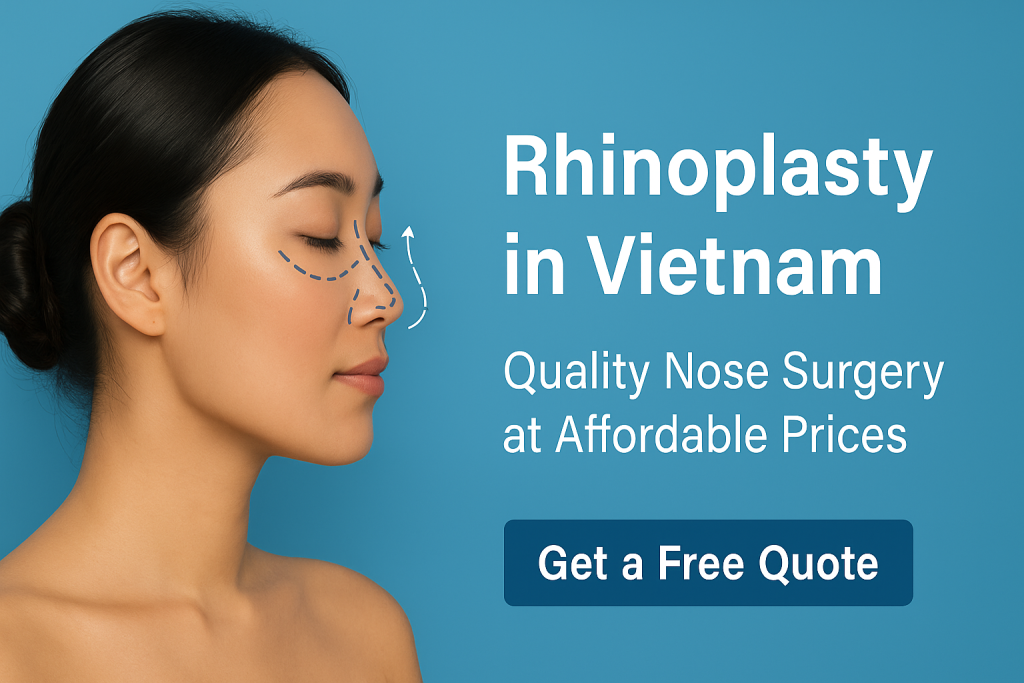A young Vietnamese woman with surgical markings on her nose, symbolizing rhinoplasty procedure, set against a blue background with text “Rhinoplasty in Vietnam – Quality Nose Surgery at Affordable Prices.”