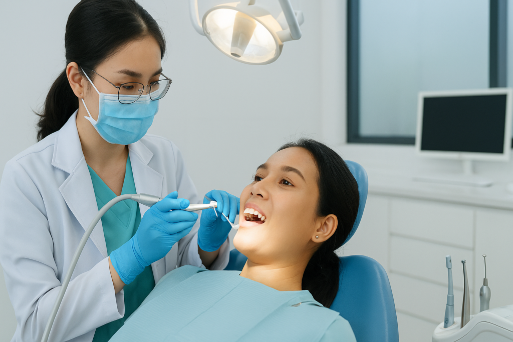 Vietnamese dentist performing root canal treatment for a patient using modern dental tools at a clean, professional clinic in Vietnam