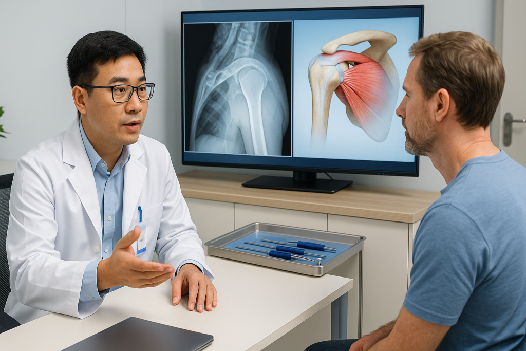 Vietnamese orthopedic surgeon consulting an international patient about rotator cuff repair using shoulder MRI scans and 3D anatomy visualization