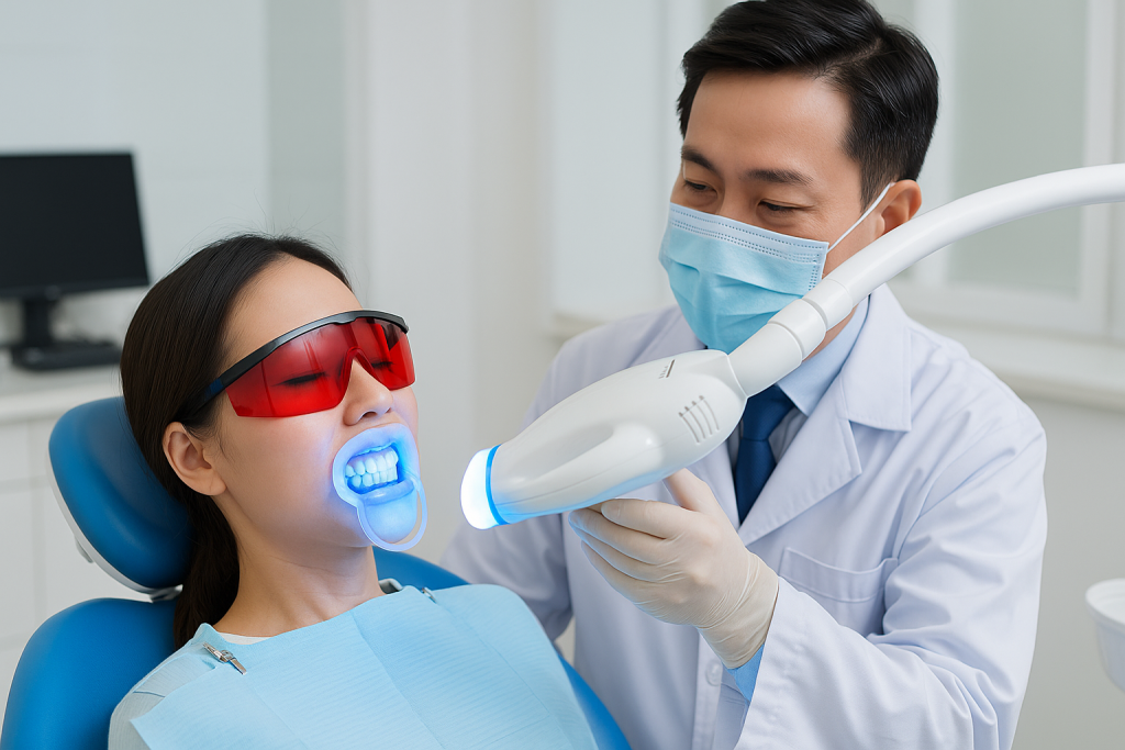 Vietnamese dentist performing professional teeth whitening treatment using LED light at a modern dental clinic in Vietnam