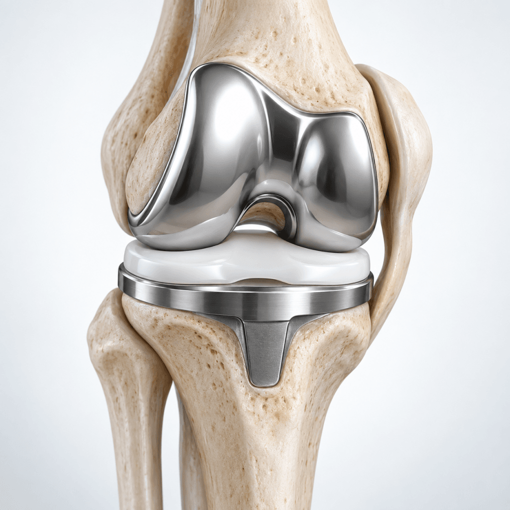 3D medical illustration of a total knee replacement prosthesis implanted on human knee bones showing metal and polyethylene components.
