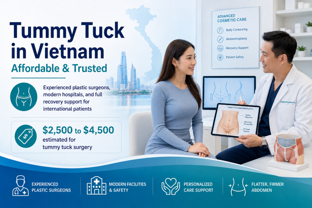 Tummy tuck in Vietnam consultation with plastic surgeon explaining abdominoplasty cost, body contouring and recovery support