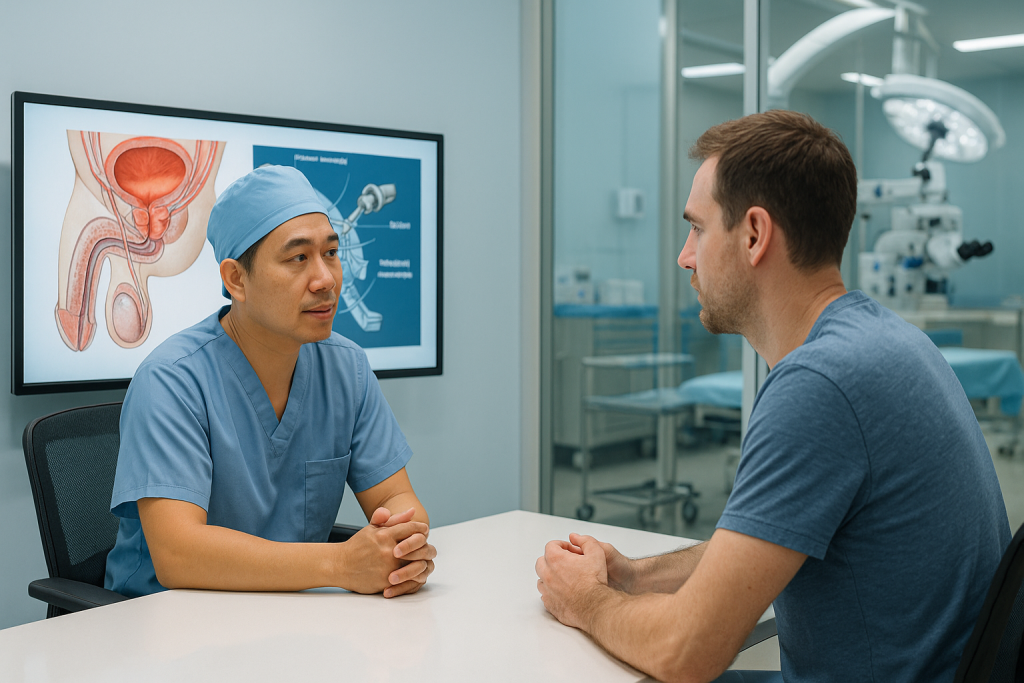 Vietnamese urologist consulting an international patient about vasectomy reversal in a modern male fertility clinic in Vietnam.