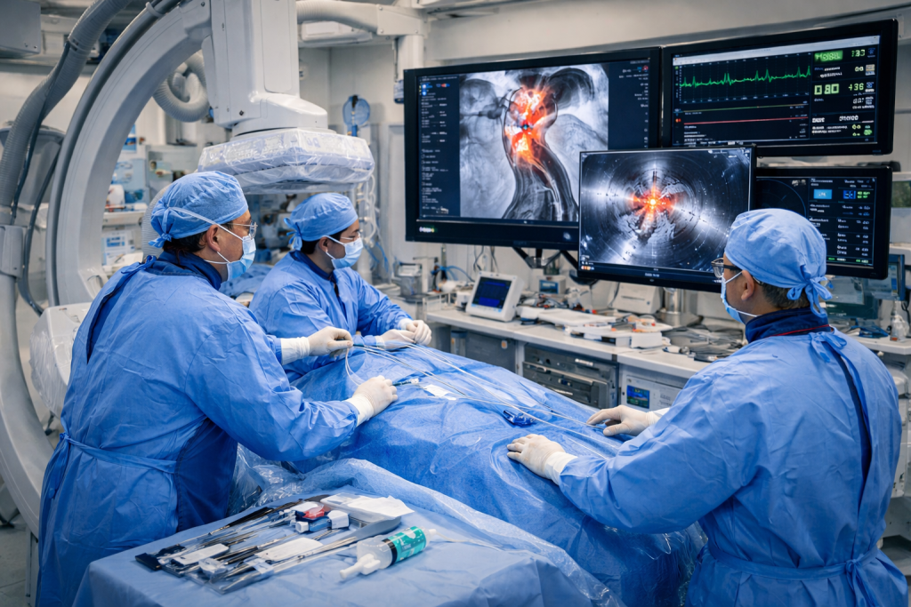 Endovascular aortic aneurysm repair (EVAR) performed at a modern vascular surgery center in Vietnam