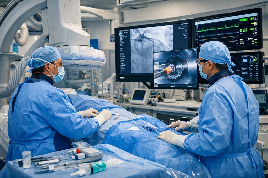 Atherectomy procedure performed in a modern cardiac catheterization lab in Vietnam