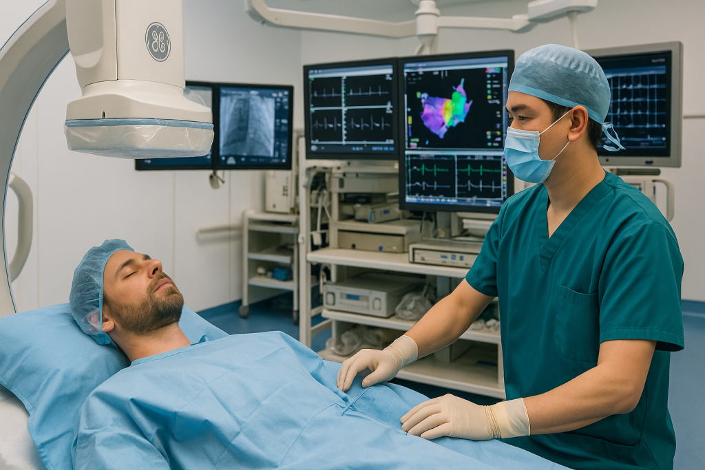 Vietnamese electrophysiologist preparing an international patient for cardiac ablation in a modern EP lab