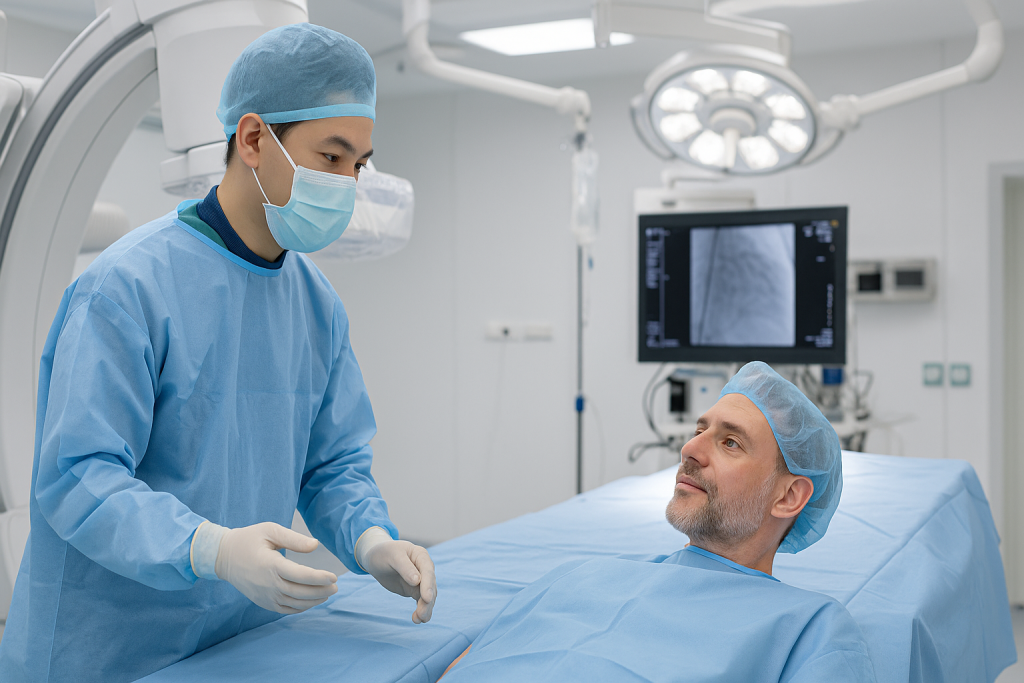 Vietnamese cardiologist preparing an international patient for coronary angioplasty in a modern operating room