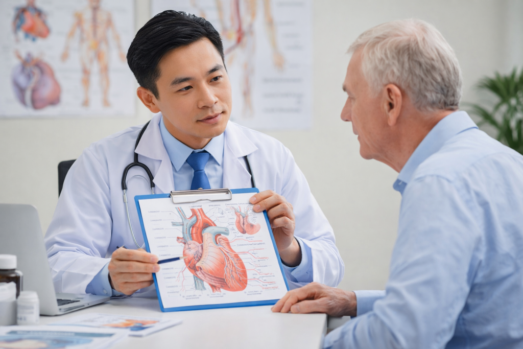 Vietnamese doctor consulting a European patient at a modern medical clinic in Vietnam
