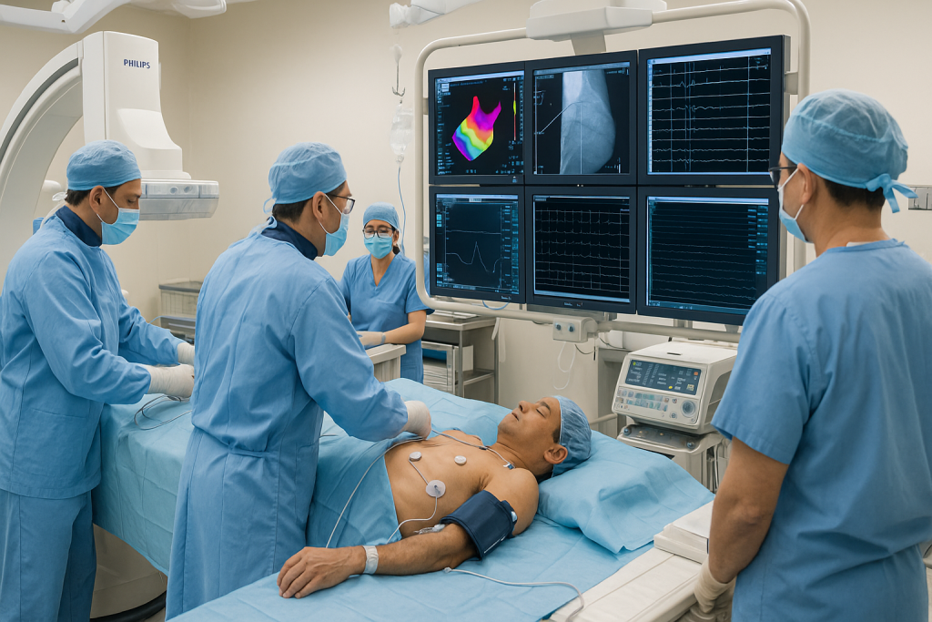 Electrophysiology study in a modern EP lab in Vietnam with cardiologists performing catheter-based mapping on a patient.