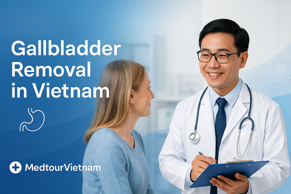 Vietnamese doctor consulting with a Caucasian patient in a modern clinic, representing gallbladder removal services in Vietnam.