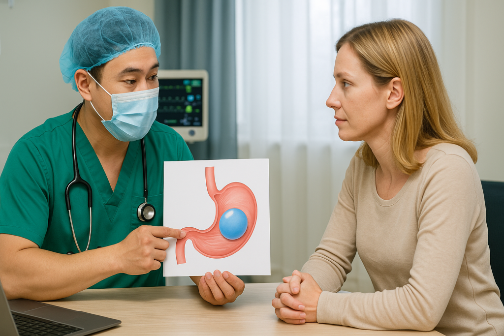 Vietnamese doctor explaining the gastric balloon procedure to an international patient during consultation at a modern hospital in Vietnam.