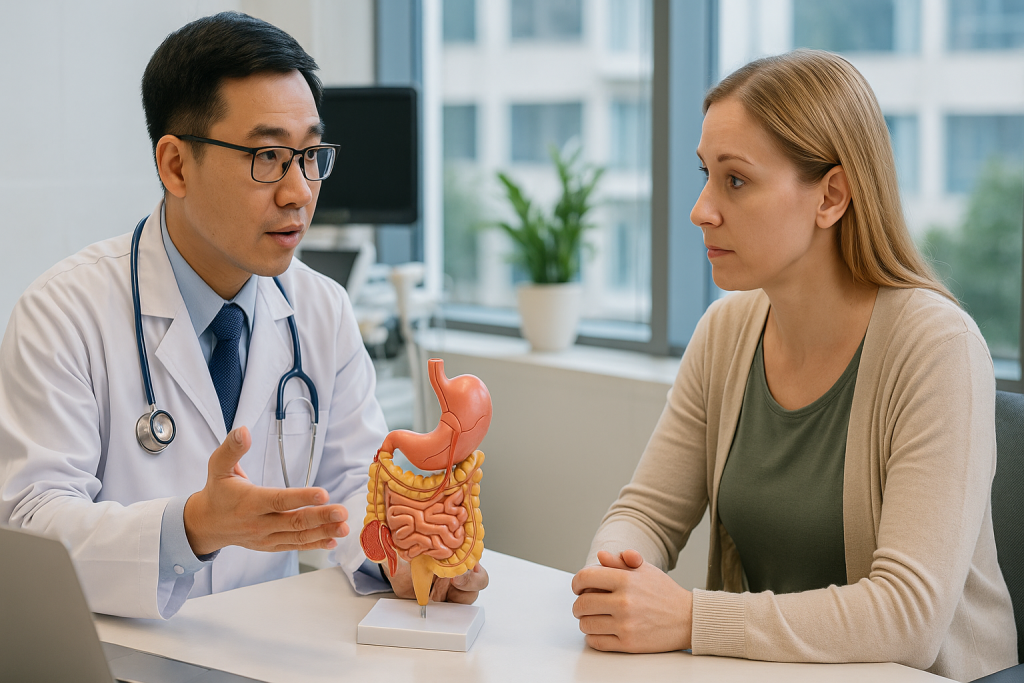 Vietnamese bariatric surgeon explaining gastric bypass surgery to an international patient using a stomach model at a modern hospital in Vietnam.