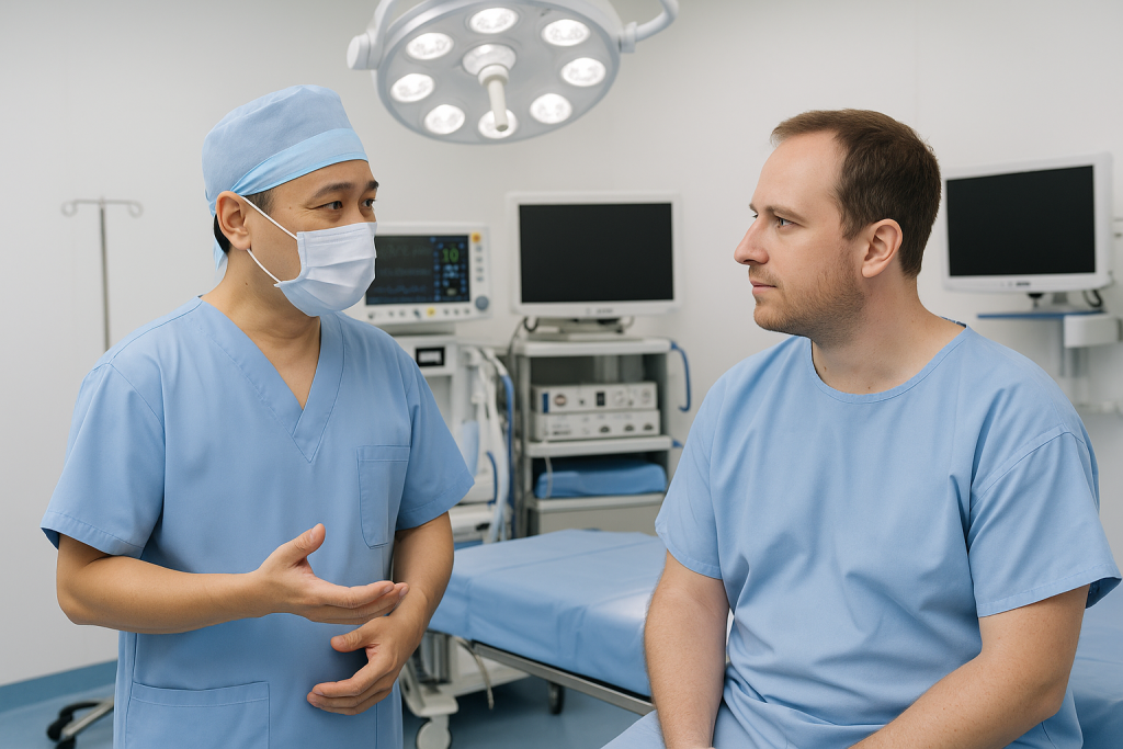 “Vietnamese bariatric surgeon consulting an international patient about gastric sleeve surgery in a modern, well-equipped hospital.