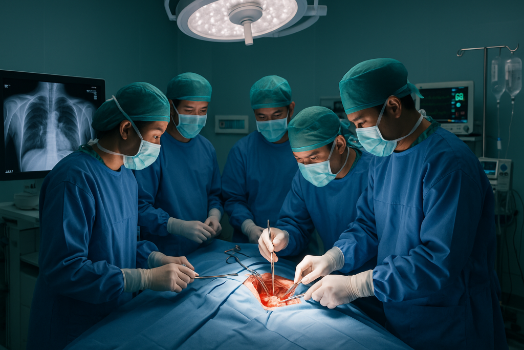 Vietnamese cardiac surgeons performing a heart valve replacement surgery in a modern operating room.