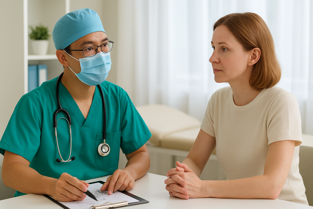 Vietnamese surgeon consulting with a European patient in a modern hospital in Vietnam before hemorrhoid surgery.