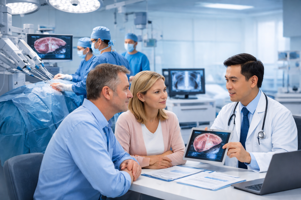 Hepatectomy in Vietnam with Vietnamese liver surgeon explaining treatment to international patients in a modern hospital while laparoscopic liver surgery is performed in the background