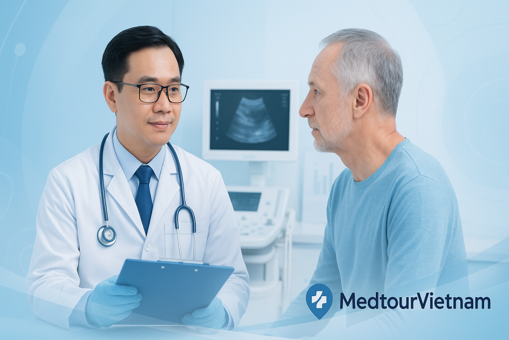 A Vietnamese doctor consulting with an older European patient in a modern medical clinic, with MedtourVietnam branding visible.