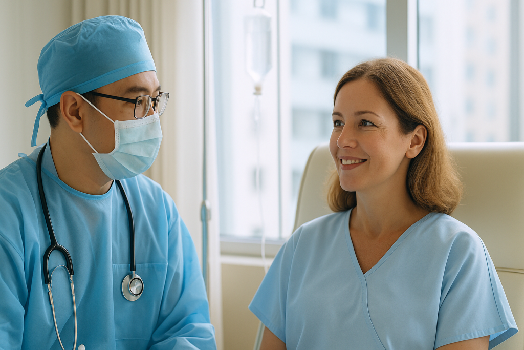 Vietnamese surgeon consulting with a European patient in a modern hospital before laparoscopic surgery in Vietnam.