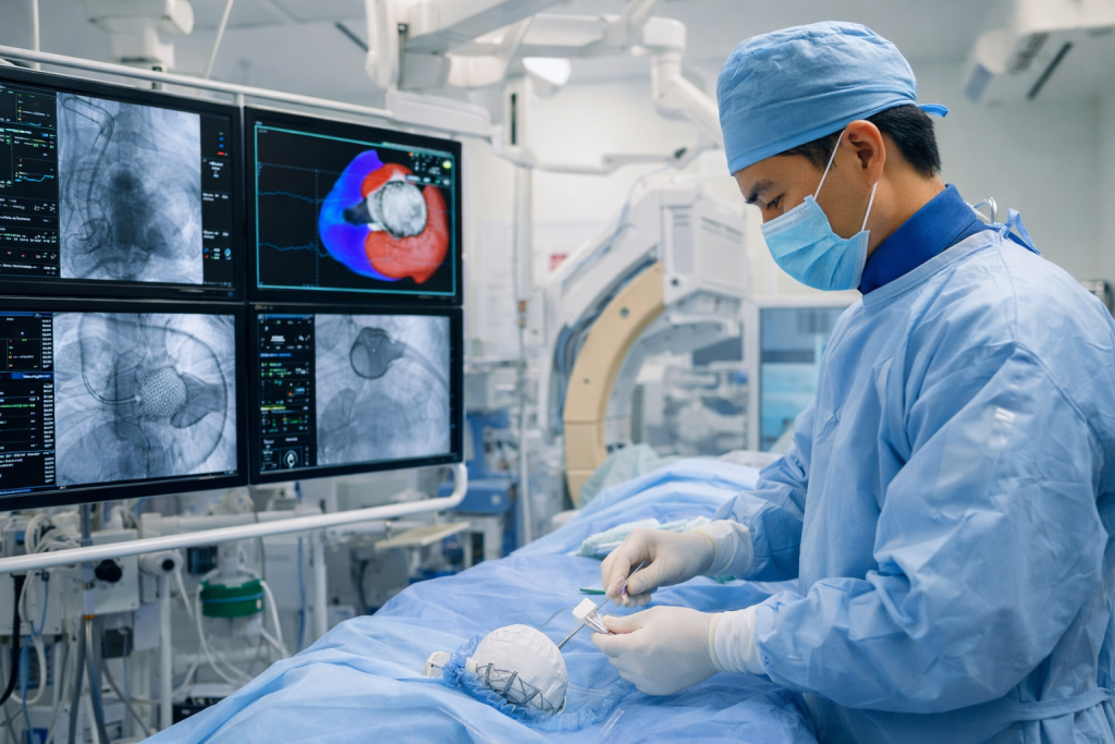 Left atrial appendage closure (LAAC) procedure performed by a Vietnamese interventional cardiologist in a modern cardiac catheterization lab