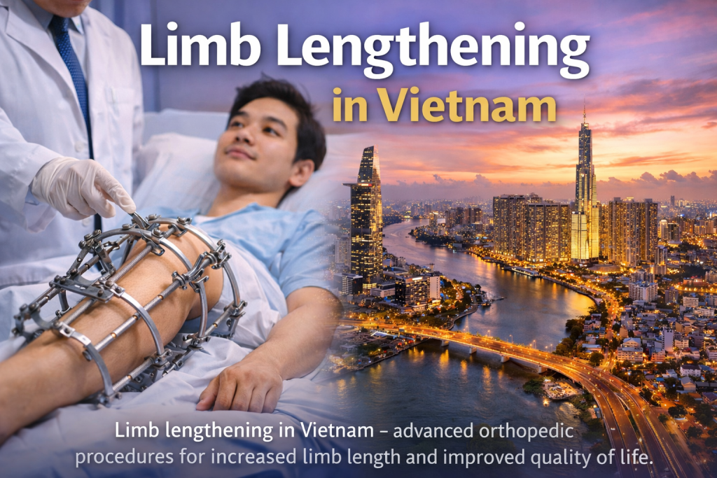 AI-generated hero image showing a patient undergoing limb lengthening with an external fixation device in a modern hospital in Vietnam, alongside the Ho Chi Minh City skyline, representing advanced orthopedic care and medical tourism.