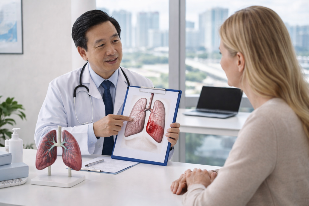 AI-generated hero image showing a Vietnamese thoracic surgeon consulting a European patient in a modern hospital office, using lung anatomy models and medical illustrations to explain lobectomy treatment options in Vietnam.