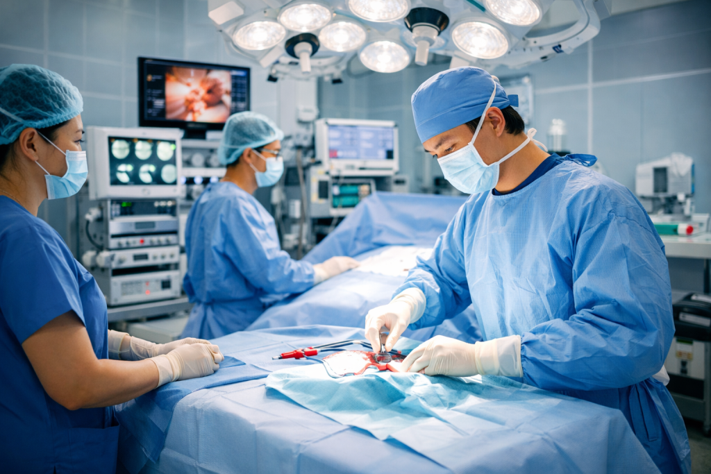 Vietnamese gynecologist performing myomectomy surgery in a modern operating room at an international-standard hospital in Vietnam