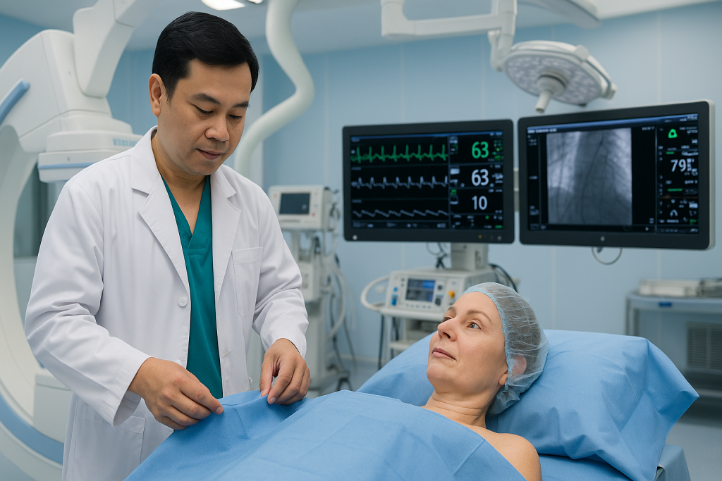 Vietnamese cardiologist preparing an international patient for pacemaker implantation in a modern cardiac operating room