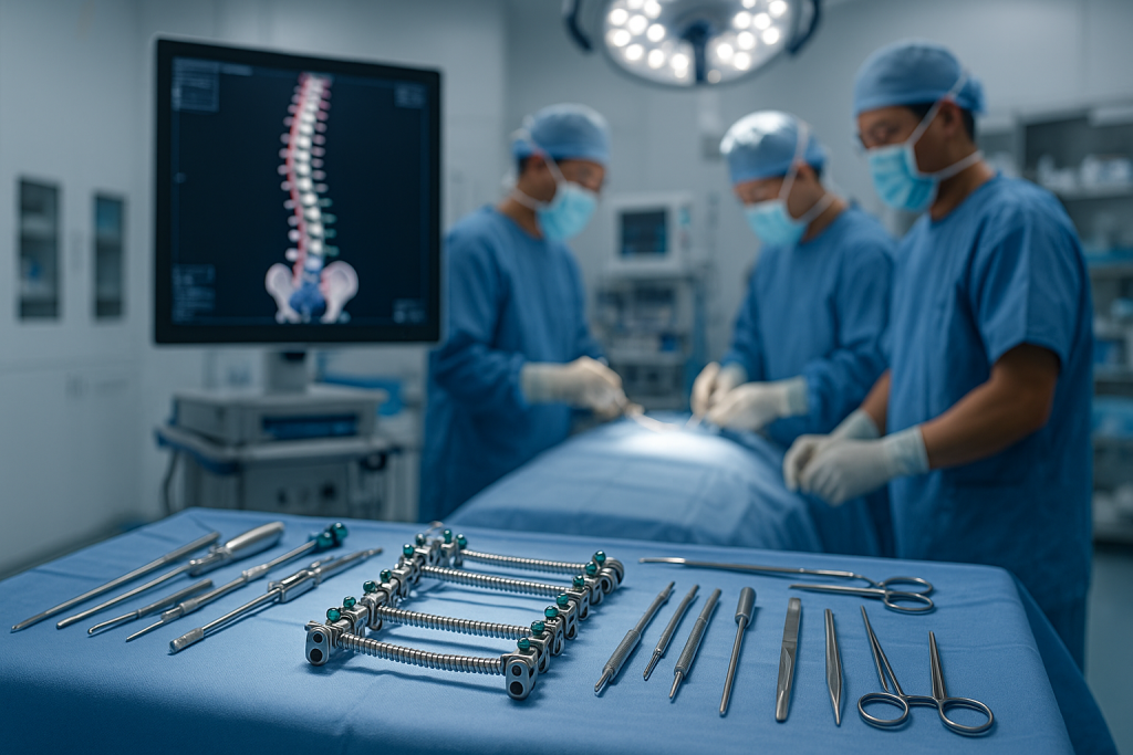 Modern scoliosis spine surgery planning with Vietnamese orthopedic surgeons in an international hospital operating room