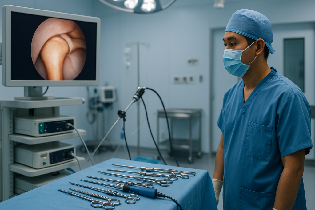 Shoulder arthroscopy preparation in a modern Vietnamese hospital using advanced arthroscopic imaging and minimally invasive orthopedic equipment.