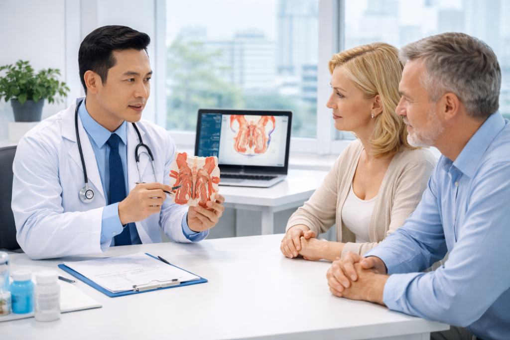Vietnamese colorectal surgeon consulting European patients about sphincterotomy treatment in a modern hospital in Vietnam