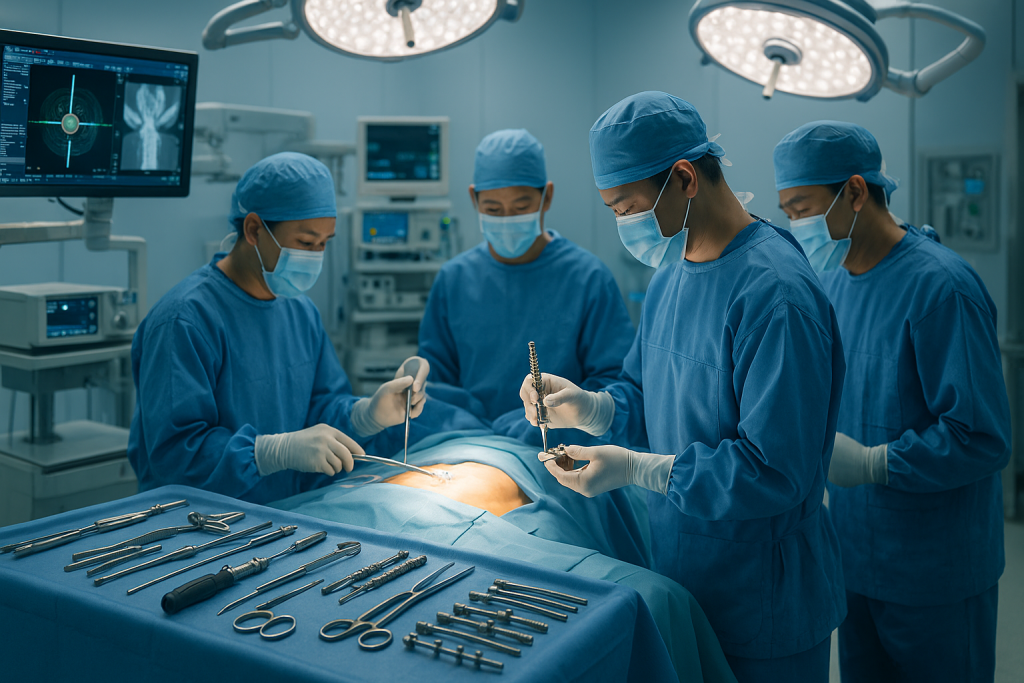Vietnamese surgical team performing spinal fusion surgery in a modern operating room with advanced instruments, implants, and navigation equipment.