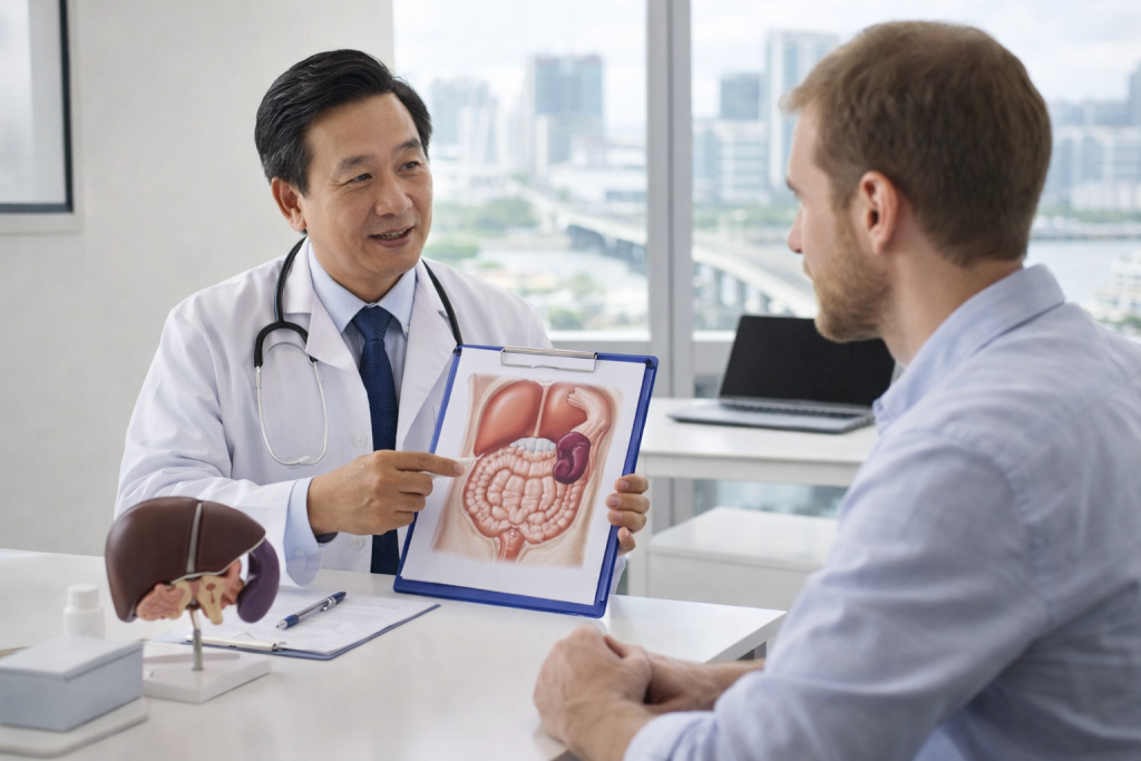 AI-generated hero image of a Vietnamese doctor consulting a European patient in a modern hospital office, using medical illustrations to explain spleen-related treatment options, with a city skyline in the background.