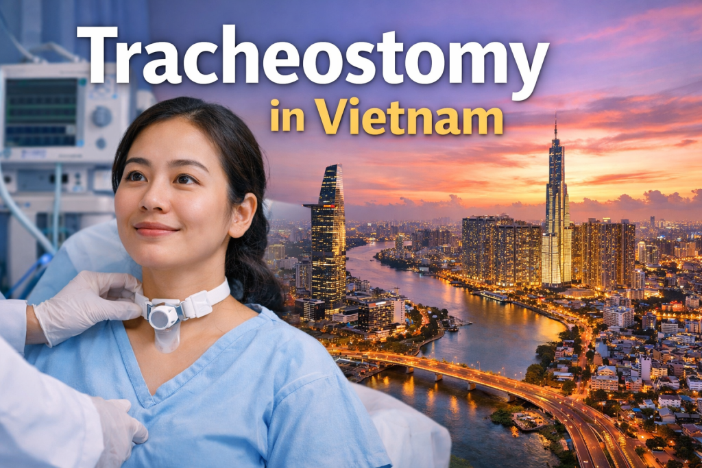AI-generated hero image showing a patient with a tracheostomy tube receiving professional medical care in a modern hospital in Vietnam, with the Ho Chi Minh City skyline in the background.